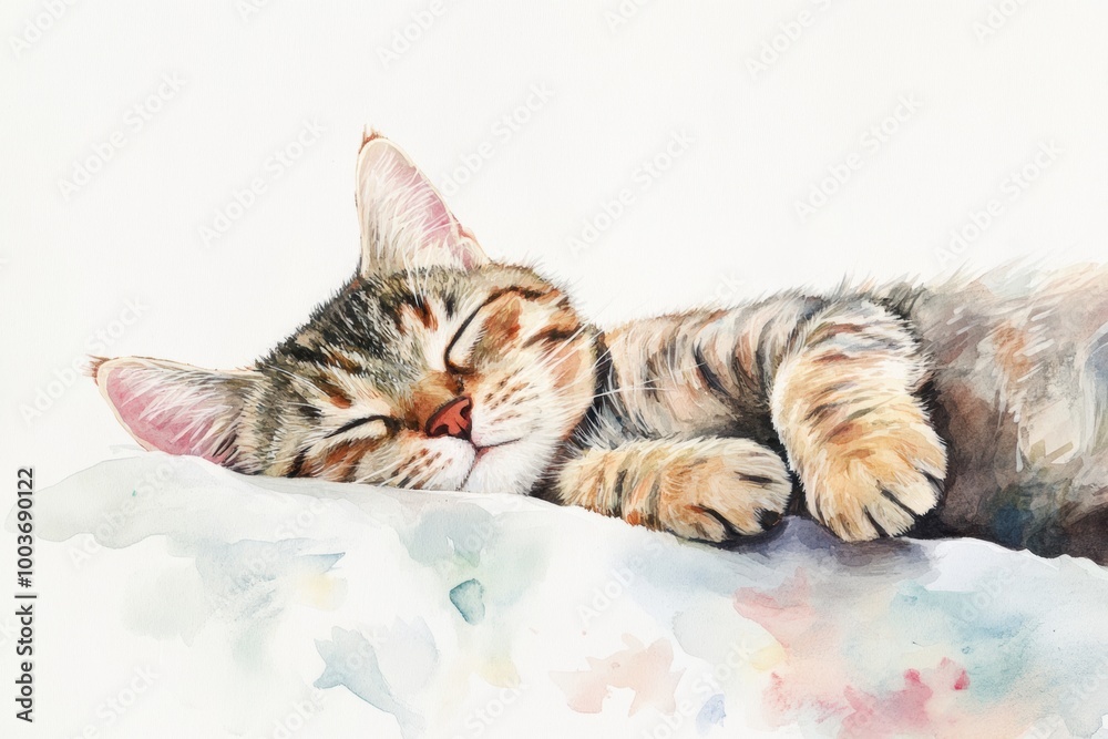 Poster cozy sleeping cat on a soft bedspread, resting peacefully on a white background during a serene afte