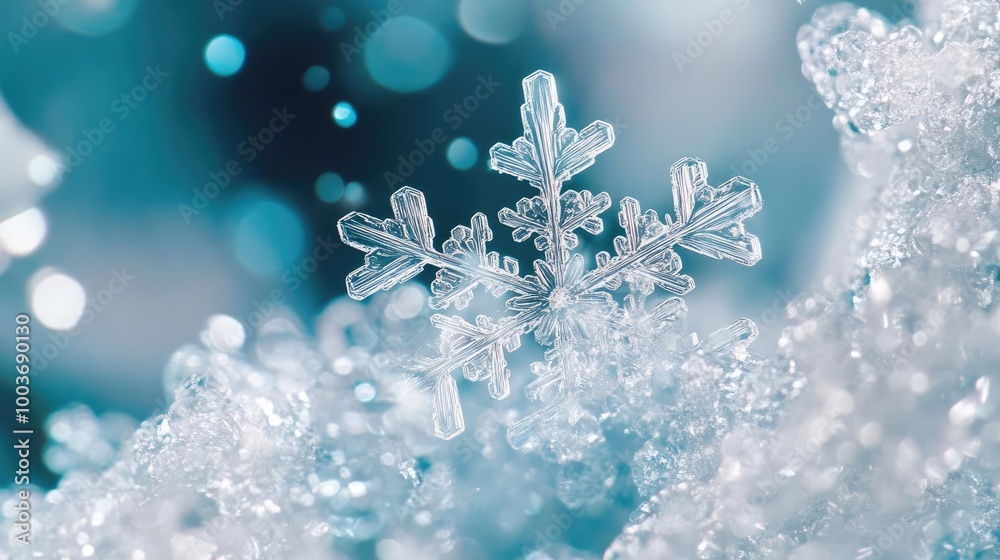 Poster a close-up of a delicate snowflake resting on shimmering ice, highlighting the beauty and intricacy 