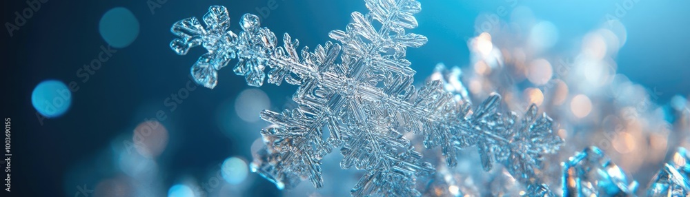Poster a stunning close-up of a snowflake showcasing its intricate crystalline structure against a soft blu