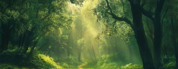 Obraz premium A tranquil forest scene with a lone figure walking through sunlit greenery, showcasing nature's beauty and serenity.