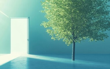 Obraz premium A serene figure steps through a glowing door into a bright, ethereal landscape, symbolizing opportunity and new beginnings.