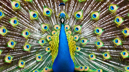 Obraz premium A stunning peacock struts proudly, showcasing its colorful and majestic feathers in full glory.