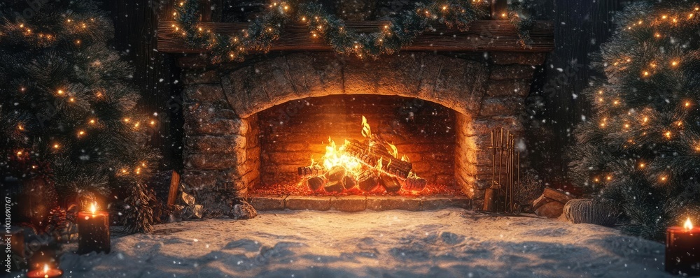 Poster a cozy fireplace adorned with sparkling lights and surrounded by snow, creating a festive and warm w