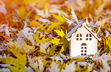 The symbol of the house stands among the fallen autumn leaves
