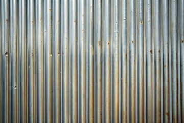 Weathered corrugated metal sheet close-up with rust and vertical lines