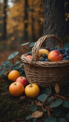 Woven Basket of Apples and Blueberries in Autumn Setting with Yellow and Orange Foliage