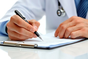 Doctor in blue tie writing on medical form.
