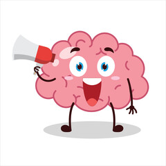 Cute happy expression of brain carry megaphone cartoon character