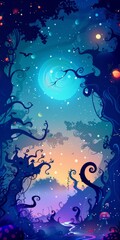 Whimsical hand-drawn cartoon background with silhouette elements.