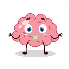 Cute shut up expression of brain mouth closed with plaster cartoon character