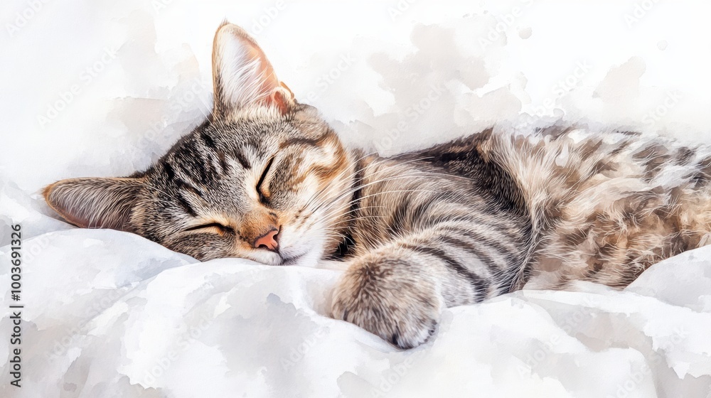 Poster a cozy tabby cat enjoying a peaceful nap on a soft white bedspread during a quiet afternoon at home.