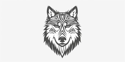 Fototapeta premium Detailed tribal-style wolf head illustration in black and white, perfect for tattoos, logos, and artistic designs.