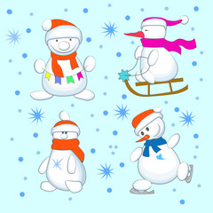 Snowmen in different poses, wearing scarves and hats, ride sleds, skate and simply enjoy the winter holidays.