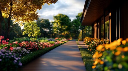 Fototapeta premium Beautiful garden path surrounded by colorful flowers and trees on a sunny day.