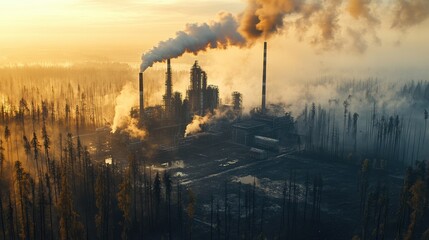 Factory emitting smoke in a forested area during sunset, environmental impact emphasized.