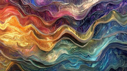 Naklejka premium Abstract metallic waves with iridescent colors reflecting light in a surreal fluid motion evoking a sense of flowing energy