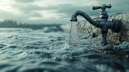 Fototapeta premium Faucet releasing water into a serene landscape, gray skies above.