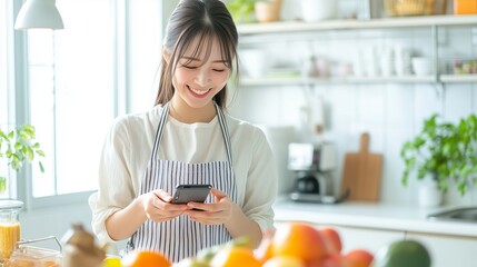 A young woman enjoys cooking in a bright kitchen while using her smartphone to explore new recipes in the morning
