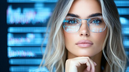 A businesswoman executive in deep thought, surrounded by floating digital interfaces showing real-time analytics and futuristic data projections,