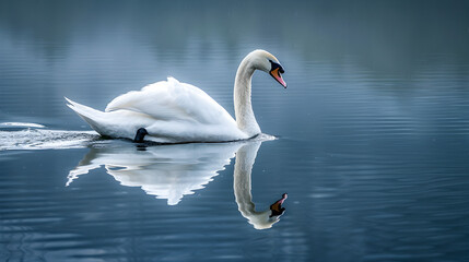 A majestic swan elegantly moves through peaceful waters, surrounded by serene nature and tranquility.