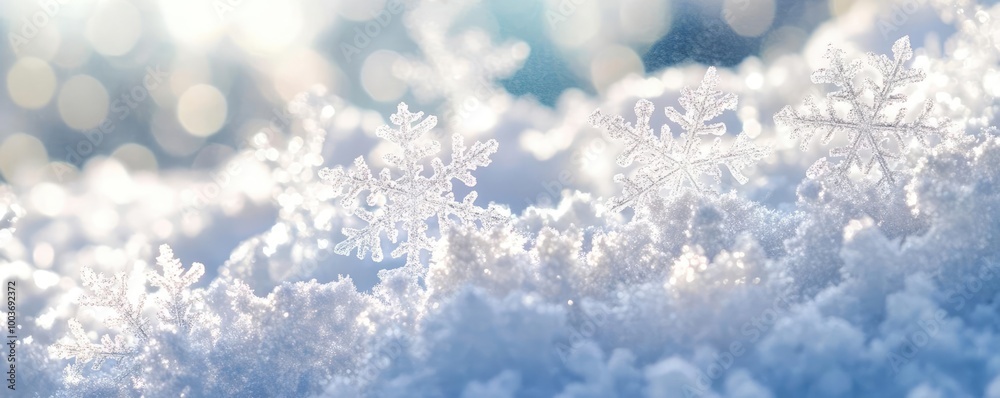 Poster Delicate snowflakes resting on soft snow, capturing the beauty and tranquility of a winter day with sparkling bokeh in the background.