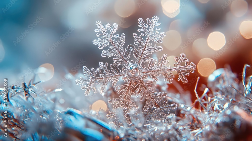 Poster a close-up of a delicate snowflake resting on shimmering frost, capturing the essence of winter's be