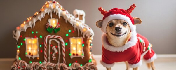 A cheerful Maltese in a holiday costume beside a whimsical gingerbread house, perfect for festive season celebrations, dog in christmas costume