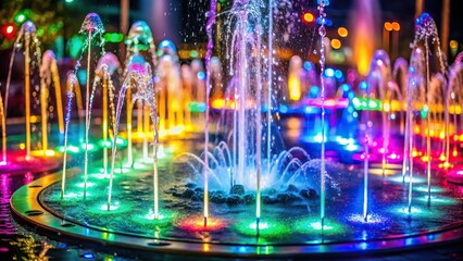 whimsical fountain, playful water sprays, multicolored LED lights