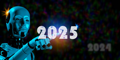 3d robotic render touching 2025 on circuit diagram start artificial intelligence technology...
