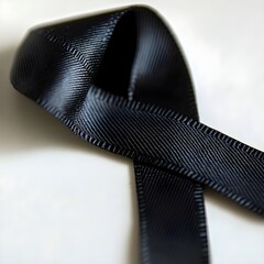  a black ribbon arranged in the shape of a loop, which is often used as a symbol of mourning or remembrance. The ribbon has a smooth, slightly shiny texture and is set against a plain, light-colored 