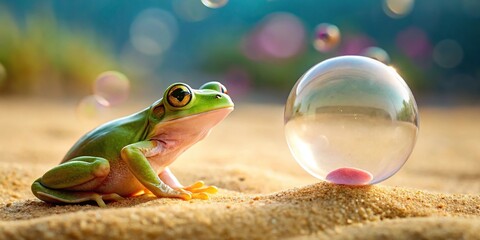 Whimsical frog blowing bubble on sand