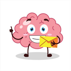 Cute happy expression of brain bring envelope letter cartoon character