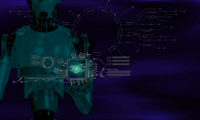 3D robotic render with icon human head in circuit diagram digital element technology icon upgrade human working in busuness