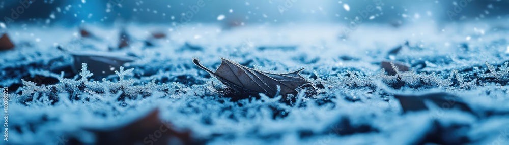 Poster a serene winter scene with frost-covered leaves blanketing the ground, creating a tranquil and chill