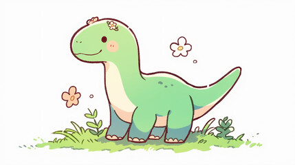 Naklejka premium Cute Green Dinosaur with Flower Crown - Fantasy Animal Illustration