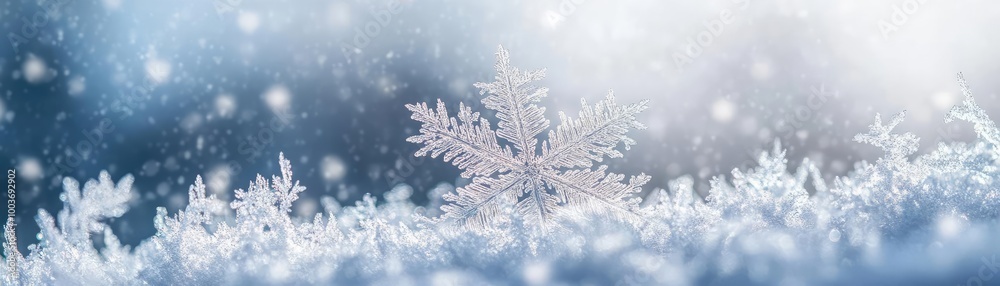 Poster a beautiful snowflake rests on a layer of soft snow, capturing the essence of winter's tranquility a