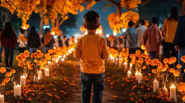 Child walking through a vibrant flower path lit by candles at a festival. - Powered by Adobe