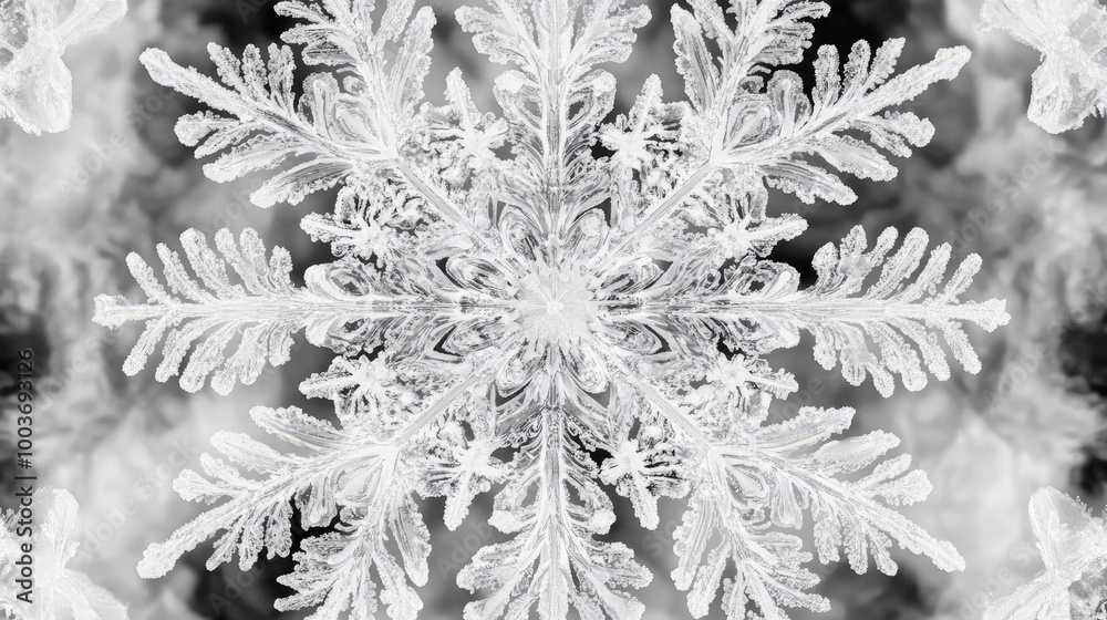 Poster a detailed black and white illustration of a snowflake, showcasing intricate patterns and unique des