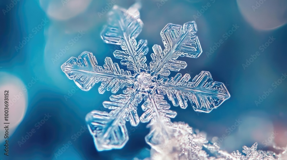 Poster Close-up of a delicate snowflake, showcasing intricate patterns and shimmering details against a soft blue background.