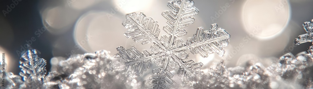 Poster A close-up view of a delicate snowflake resting on shimmering frost, showcasing intricate patterns and winter beauty.