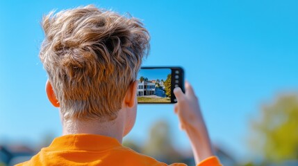 A person taking a picture of their house with the camera on, AI