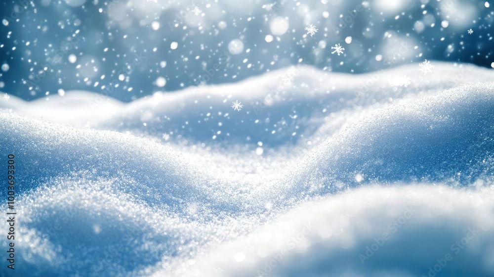 Poster a serene landscape of soft, white snow with sparkling flakes falling gently in a tranquil winter set
