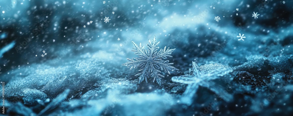 Poster A detailed snowflake gently resting on a bed of frost, showcasing intricate patterns and a serene, wintery atmosphere.