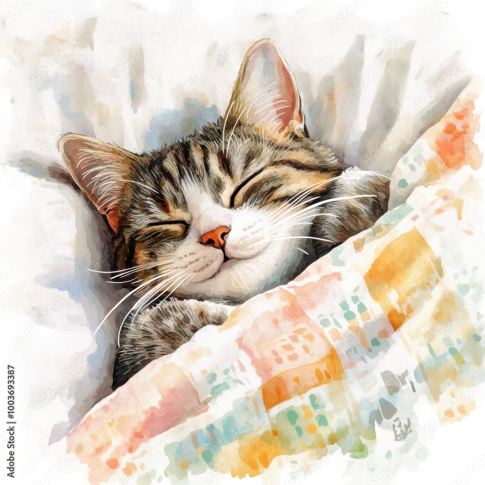 Leinwandbilder a peaceful cat sleeping soundly on a cozy white bedspread, surrounded by soft textures and gentle pa