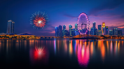 Naklejka premium Vibrant city skyline illuminated by colorful fireworks and reflections over water at night, showcasing celebration and urban beauty.