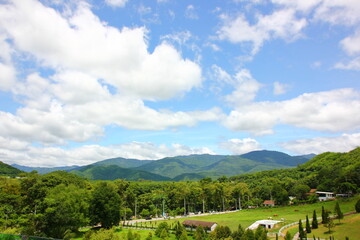 view point green mountain environment blue sky white cloud, nature background