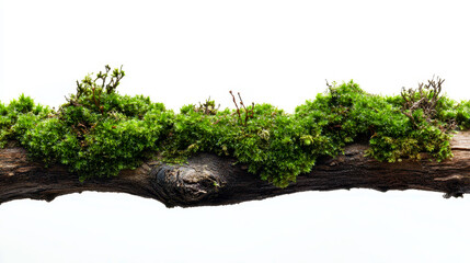Fresh green moss on rotten branch and dirt isolated on white, side view, clipping path