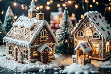 Naklejka premium The concept of a home celebration of Christmas or New Year 2025, family traditions. Gingerbread houses with glaze with atmospheric lighting.