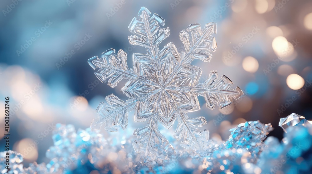 Poster a stunning close-up of a crystal snowflake resting on sparkling ice, showcasing intricate details an