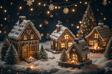 Fototapeta premium The concept of a home celebration of Christmas or New Year 2025, family traditions. Gingerbread houses with glaze with atmospheric lighting.